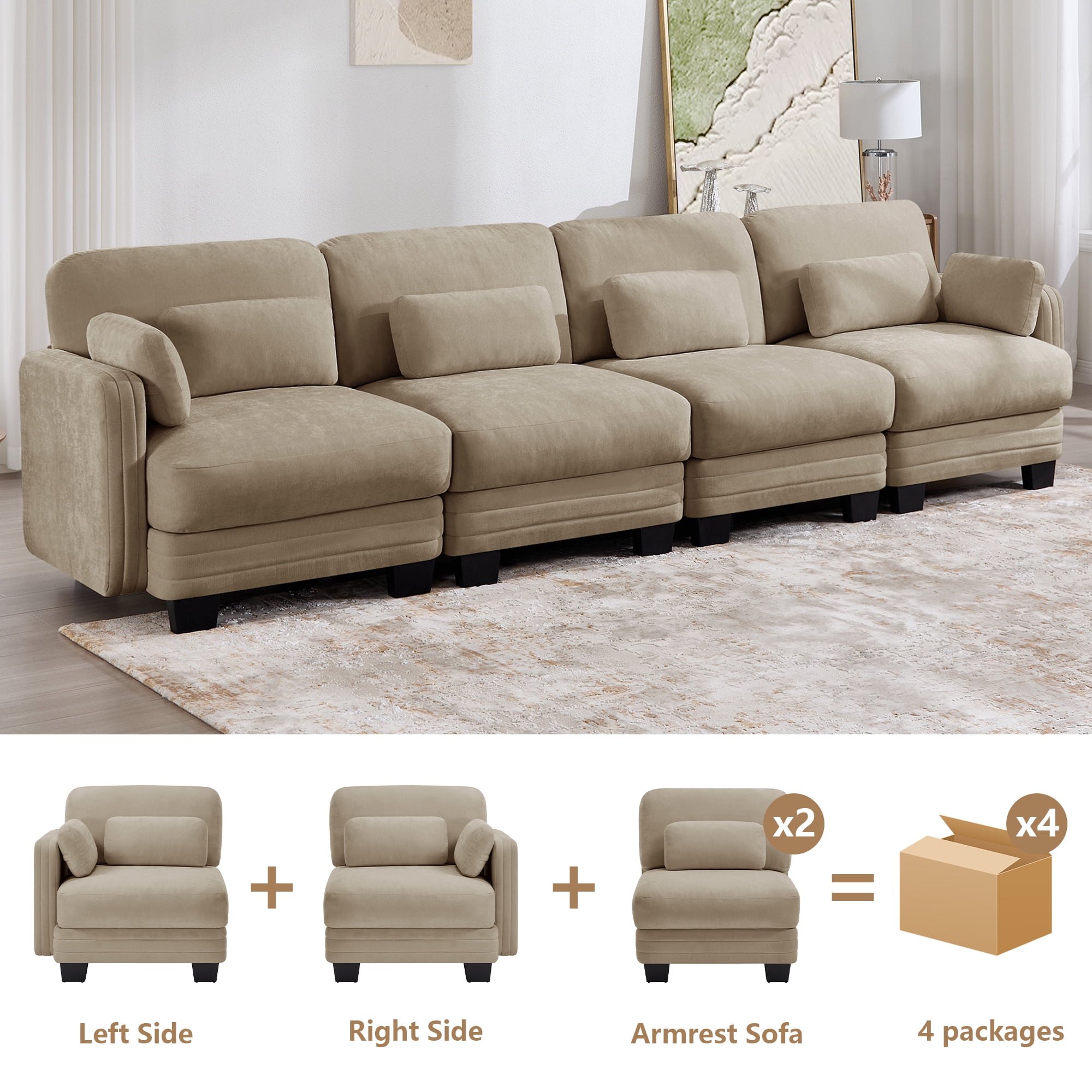 130" Tufted Modern Modular Sectional 4 Seater Sofa Couch with 6 Pillows