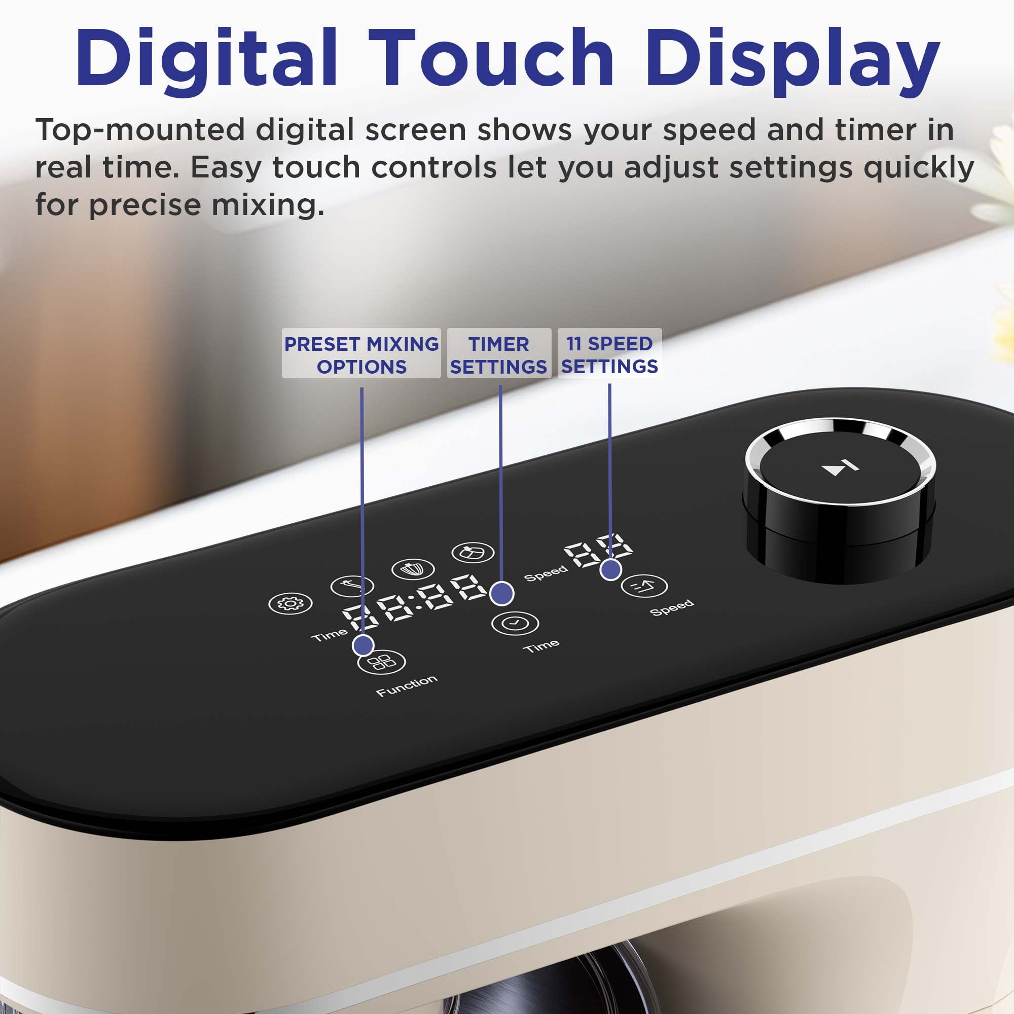 Magnavox 6.0L Digital Touch Screen Stand Mixer with Stainless Steel Bowl, 11-Speed, Tilt-Head, Planetary Mixing, 660W Motor, Dough Hook, Beater, Whisk, Bowl Cover, Cream