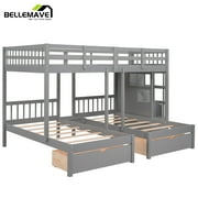 Bellemave Triple Bunk Bed with Stairs for 3, Wood Full over Twin & Twin 3 Bunk Bed with 6 Storage Drawers, Triple Bunk Bed for Teens Adults (Gray)