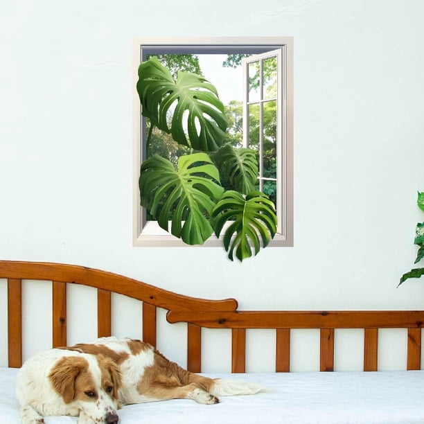 Adhesivo de pared con diseño de hojas de monstera en 3D, plantas verdes, vista a la jungla, vinilo autoadhesivo, decoración artística, calcomanías murales.