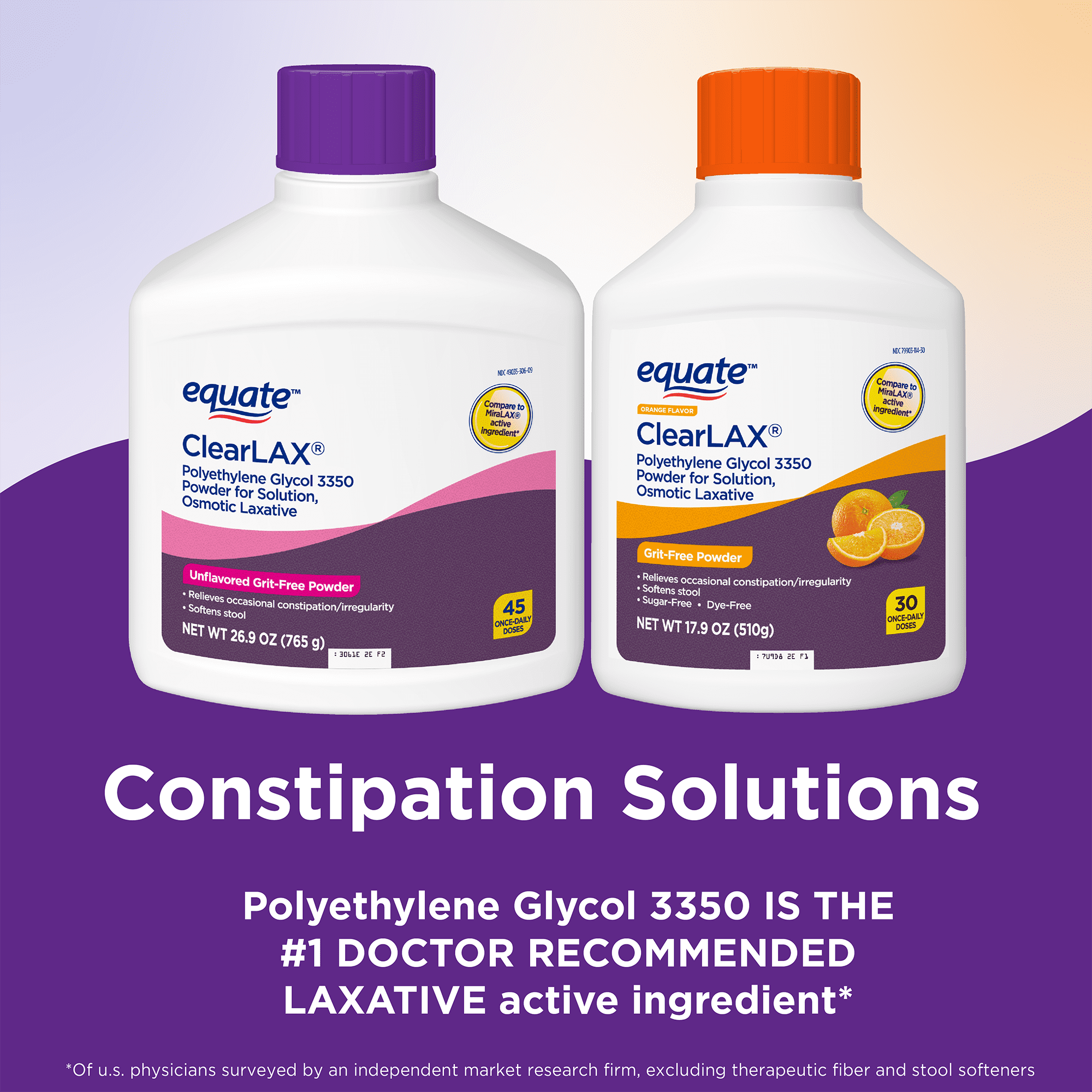 Equate ClearLAX Polyethylene Glycol 3350 Powder for Solution, Osmotic Laxative, Laxatives for Constipation, 26.9 oz, 45 Doses, Compare to MiraLAX Active Ingredient