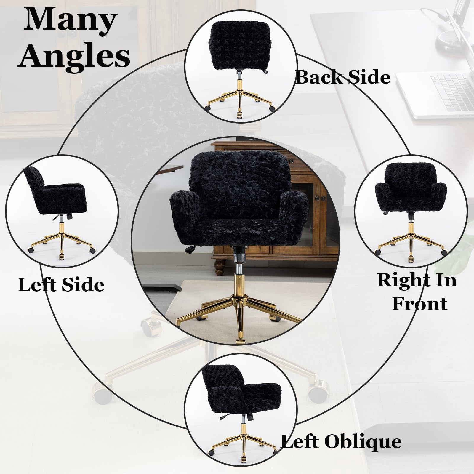 JESTOP Furry Cute Office Chair, Modern Swivel Desk Chair with Wheels, Adjustable Makeup Vanity Chairs with Back, Upholstered Rolling Chairs for Vanity Makeup Room Study Indoor