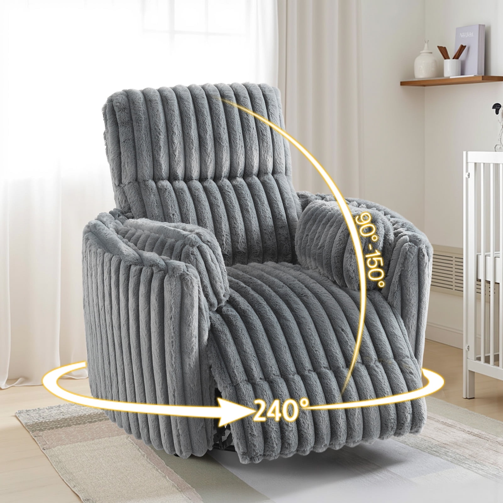 Merluxy Power Swivel Recliner Chair with USB Charging & 2 Pillows, Glider Rocker for Nursery and Living Room, Grey Corduroy