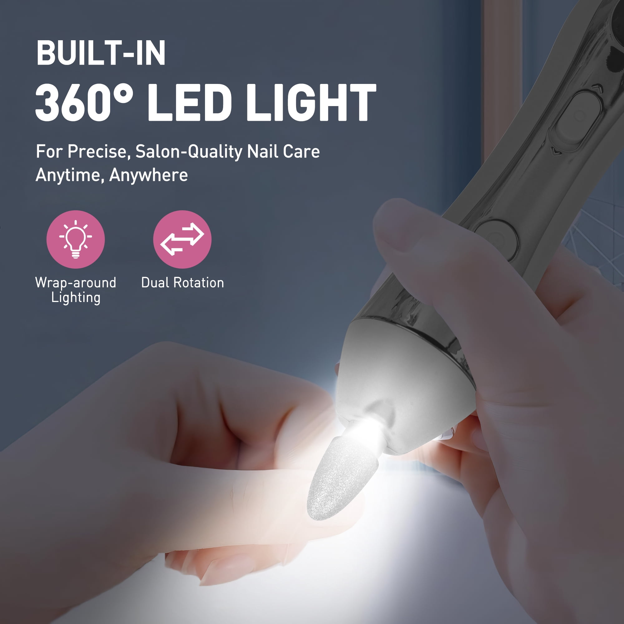 CshidWorld Cordless Electric Nail File, 10-Speed Nail Drill Kit with LED Light, Professional Portable Manicure Pedicure Tool for Thick Nails, Hand & Foot（White）