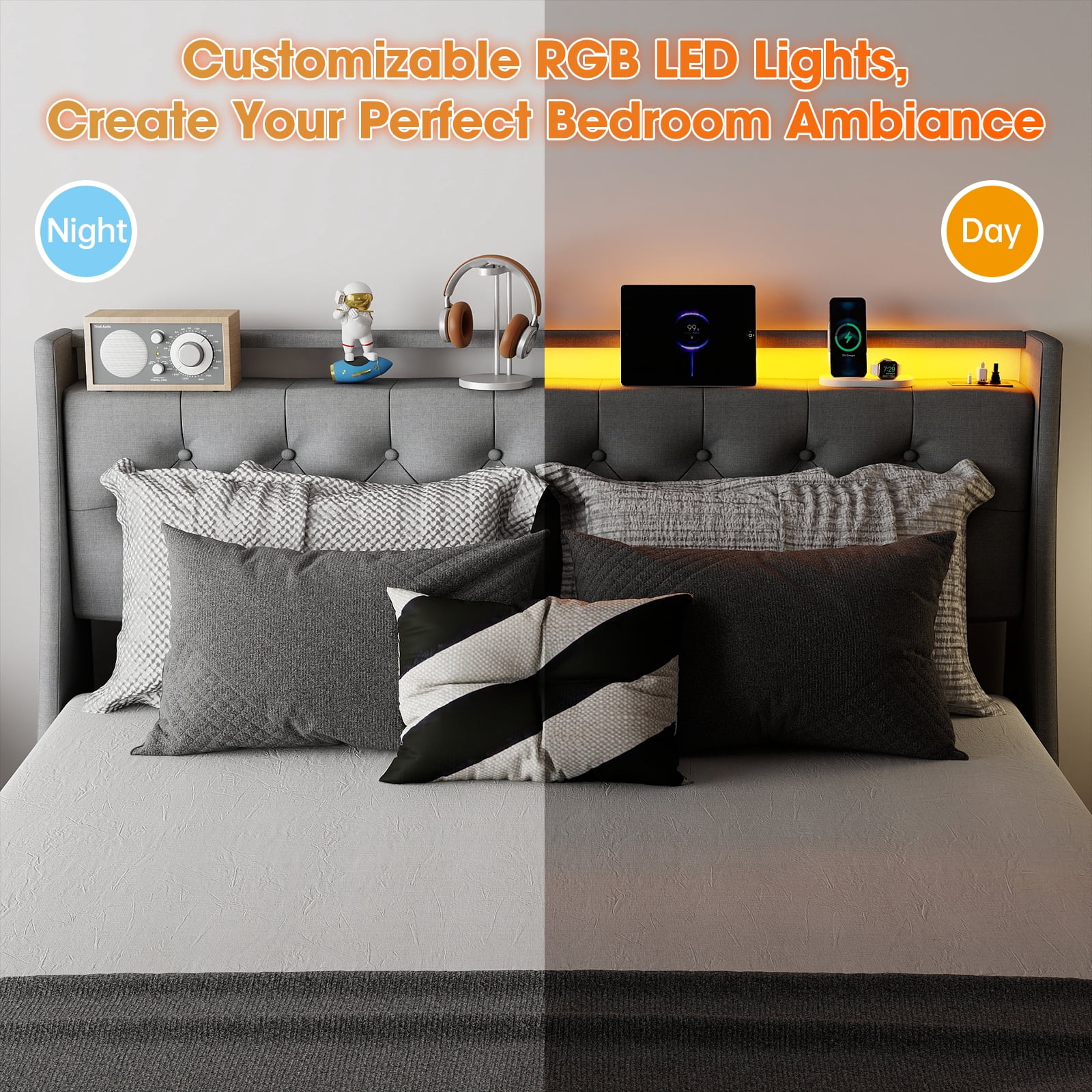Mintazer Full Size Tufted Upholstered Storage Bed Frame with LED Light & Charging Station, Platform Bed Frame with 4 Drawers, No Box Spring Required, Grey