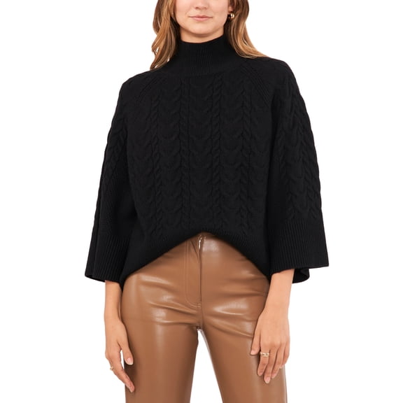 Vince Camuto Women’s Cable-Knit Mock-Neck Sweater – Rich Black, Small