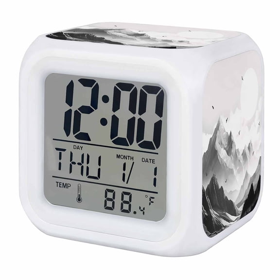 Mountain Digital Alarm Clock for Bedrooms, Smart LED Alarm Clock with 7 Color Changing Night Light, Eagle Sky Cloud Black and White Landscape Silent Wake Up Clocks for Sleep Study Cooking 3.2"x3.2"