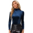 thumbnail image 1 of Blusa básica de cuello alto de terciopelo elástico con cuello simulado para mujer Azul Oscuro XS, 1 of 6