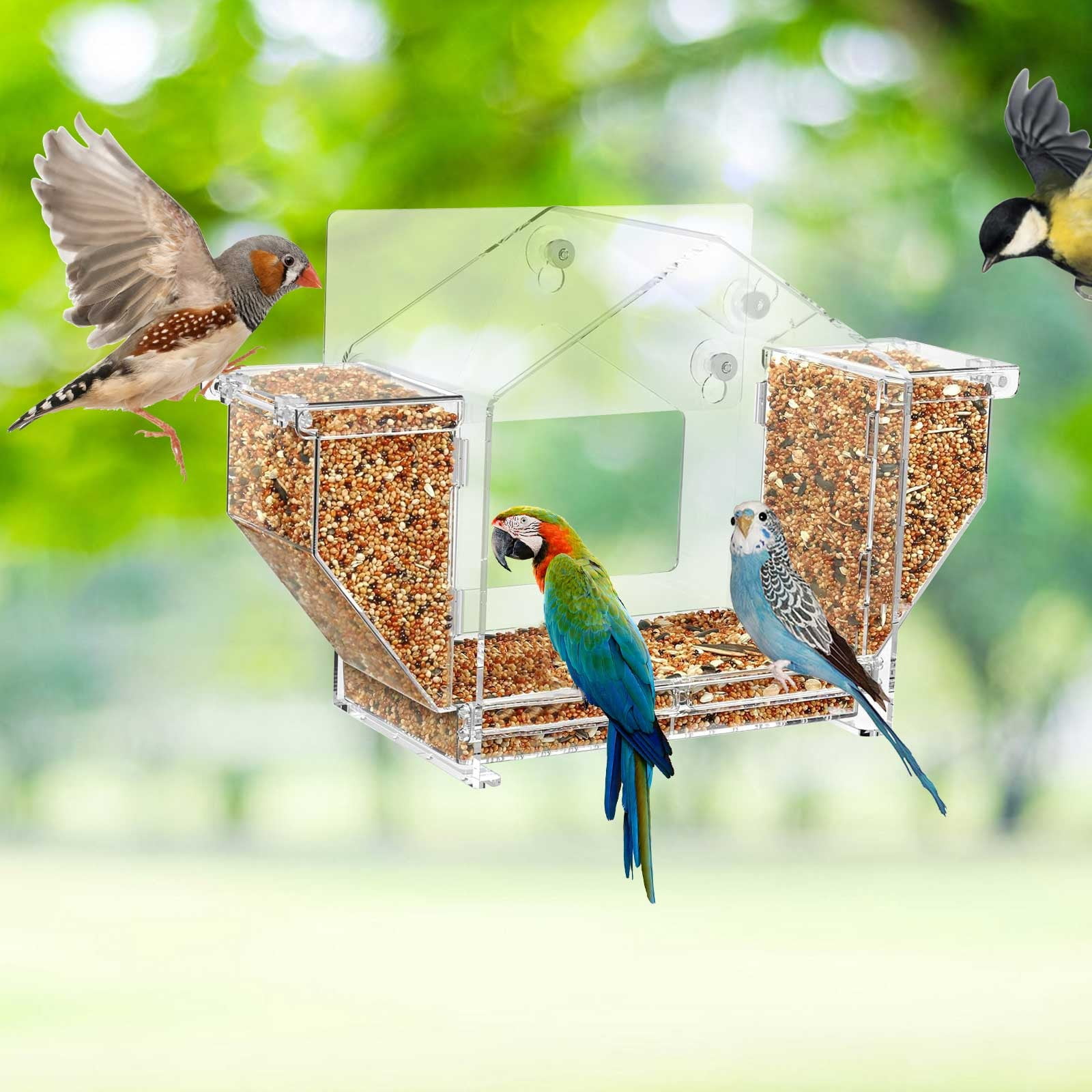 Gmogad Clear Acrylic Hanging Bird Feeder, Weatherproof Transparent Outdoor Feeder with Easy-Fill Wide Opening, Stable Non-Tilt Hanging Hook, Large Tray Feeder for Attracting Multiple Wild Birds
