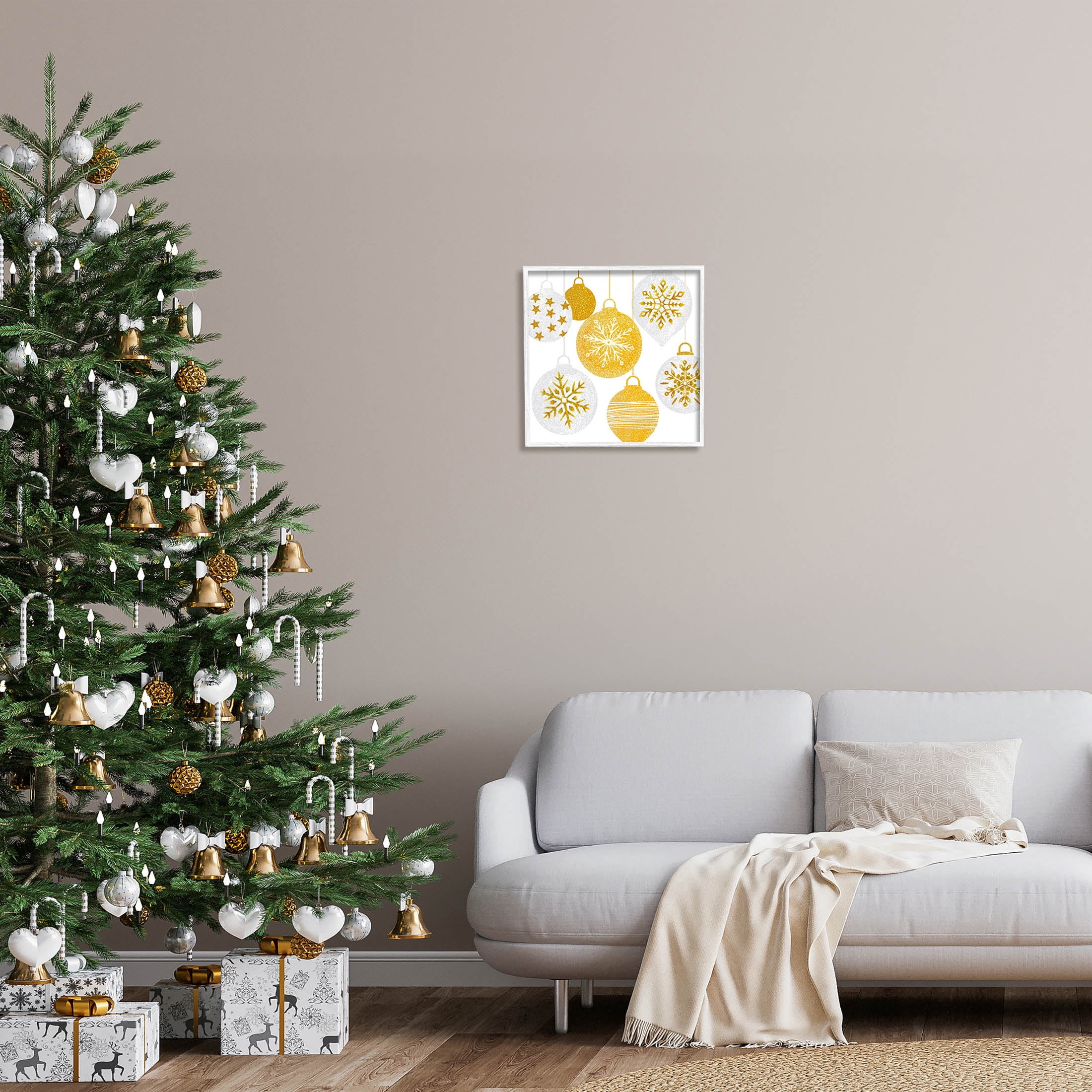 Glimmering Hanging Christmas Baubles Holiday Graphic Art White Framed Art Print Wall Art