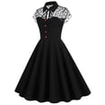 thumbnail image 4 of QUYUON Black Cocktail Dresses for Women Evening Party Knee Length Dress Floral Lace Mesh Lapel Neck Short Sleeve Shirt Dress Tie Knot Button Front Pleated A-Line Swing Dress Style D-1518 Dark Blue XL, 4 of 9