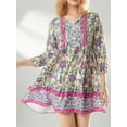 thumbnail image 3 of Sedceaty Women Summer Casual Mini Dress Floral Print 3/4 Lantern Sleeve V-Neck Button Placket Dress Beach Party Boho Dress, 3 of 9