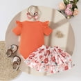thumbnail image 5 of Toddler Girls One Piece Romper Short Sleeve Crew Neck Jumpsuit Cute Comfy Outfits With Print Skirt & Bow Headband (90, Orange), 5 of 9
