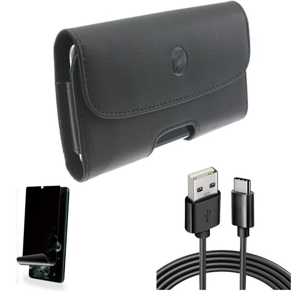 Privacy Screen Protector w 6ft USB Cable w Case Belt Clip for Samsung Galaxy S20 Ultra - TPU Film [NOT GLASS] [Fingerprint Works], Type-C Charger Cord Power, Leather Holster fits Galaxy S20 Ultra