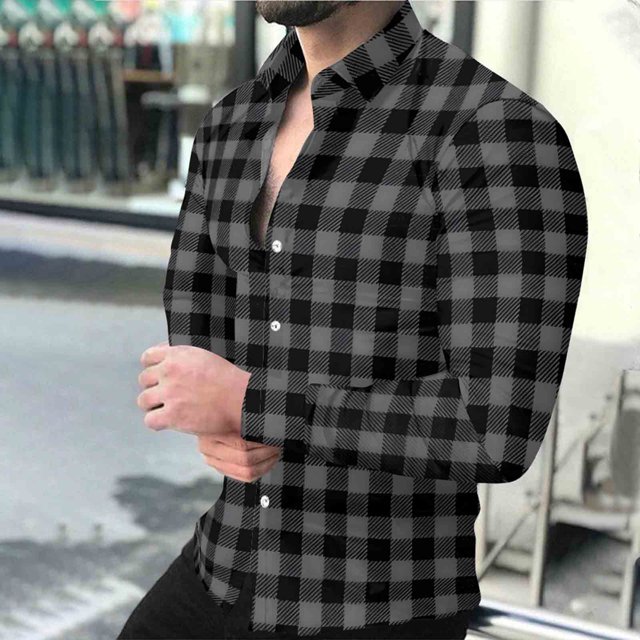 Timdgard Button down Shirts for Men Fall Plaid Lapel V Neck Long Sleeve Shirts Work Casual Tops