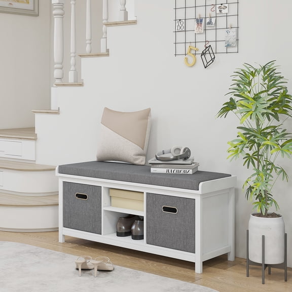 HOMCOM Shoe Bench with Cushion, Storage Bench for Entryway with Padded Seat, 2 Drawers and Adjustable Shelf for Hallway, Living Room, Bedroom, White