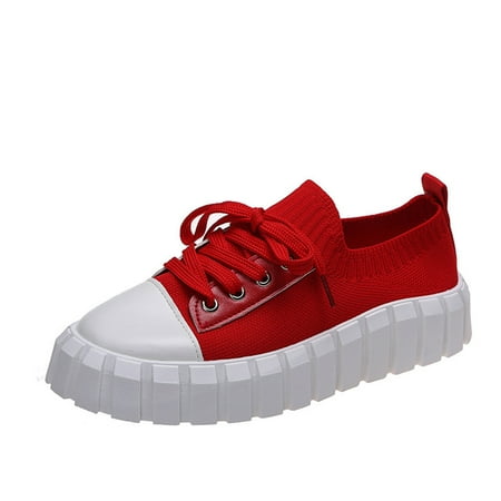 

asdoklhq Sneakers for Women Canvas Daily Casual Board Shoes Thick Sole Solid Color Lace Up Women s Sandals Red 39