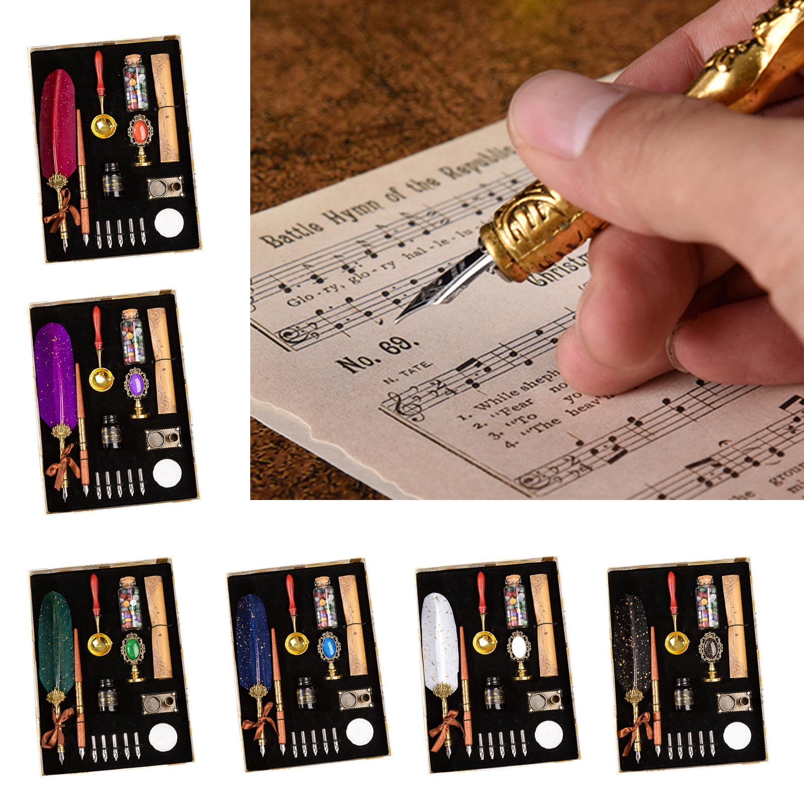 Antique Quill Dip Pen Set with 15ml Ink Bottles 5 Pen Nibs Gift Calligraphy Kit