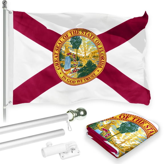 G128 Combo Pack: 6 Feet Tangle Free Spinning Flagpole (Silver) Florida FL State Flag 3x5 ft Printed 150D Brass Grommets (Flag Included) Aluminum Flag Pole