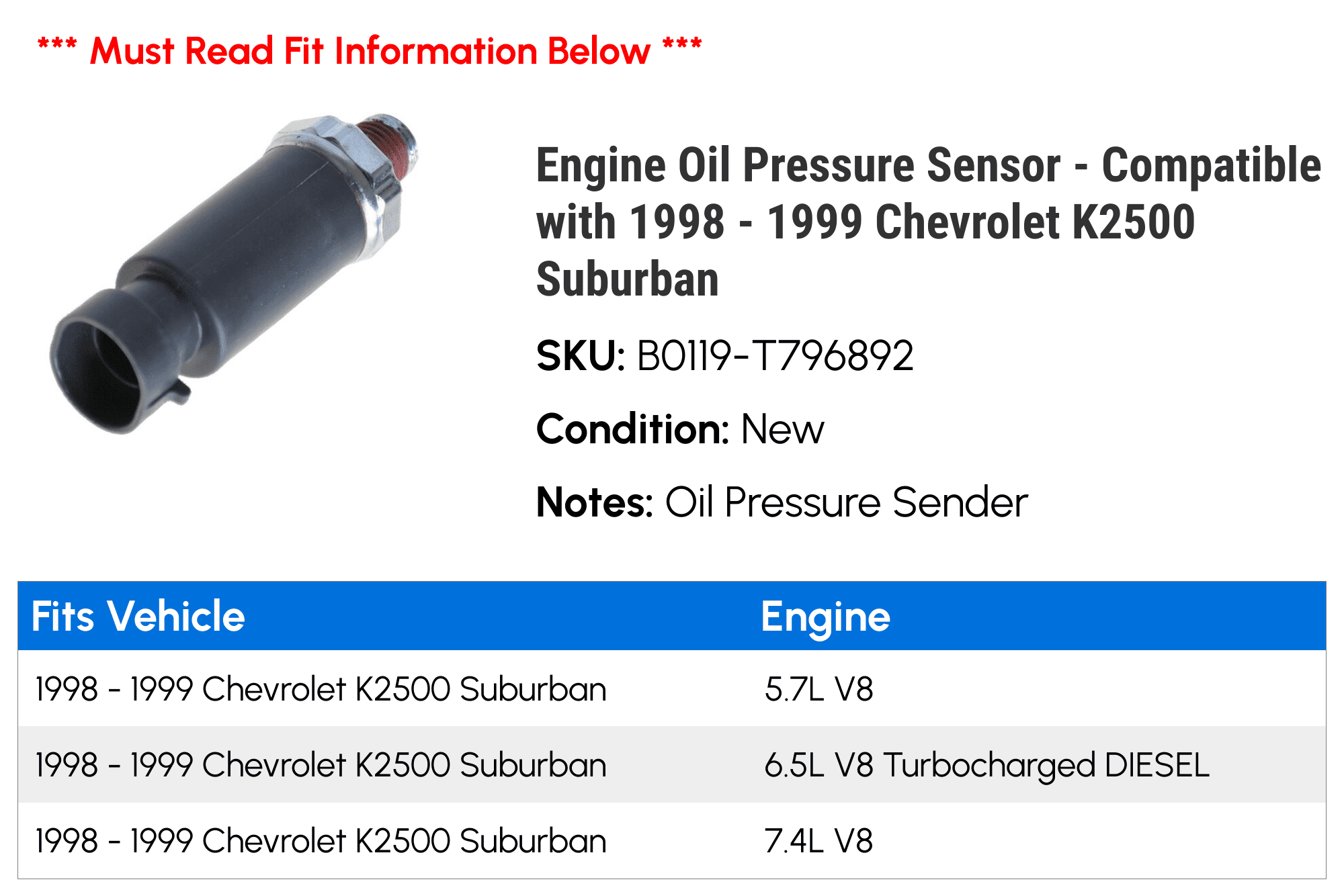 Engine Oil Pressure Sensor - Compatible with 1998 - 1999 Chevy K2500 Suburban