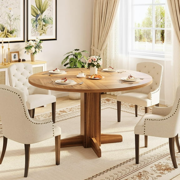 Round Dining Table for 4-6 People, 47" Wood Kitchen Table with Sturdy Pedestal Base, Farmhouse Circle Dinner Tables