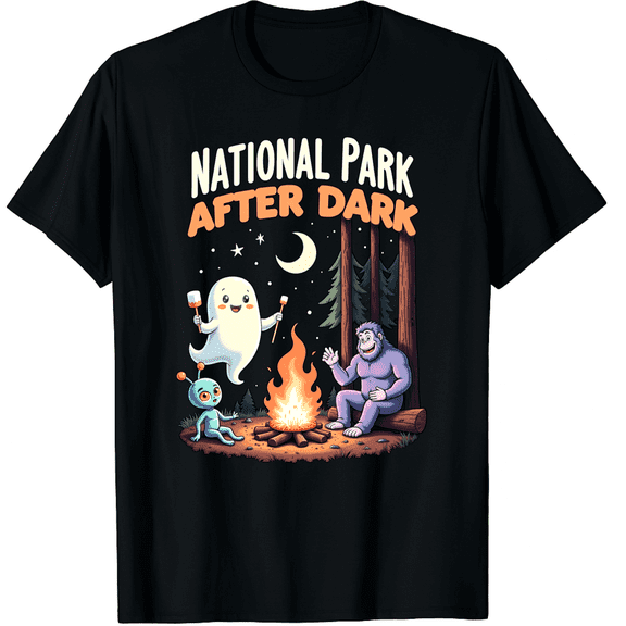 National Park After Dark Camping Alien Bigfoot Ghost Graphic Black T-Shirt for Men and Women