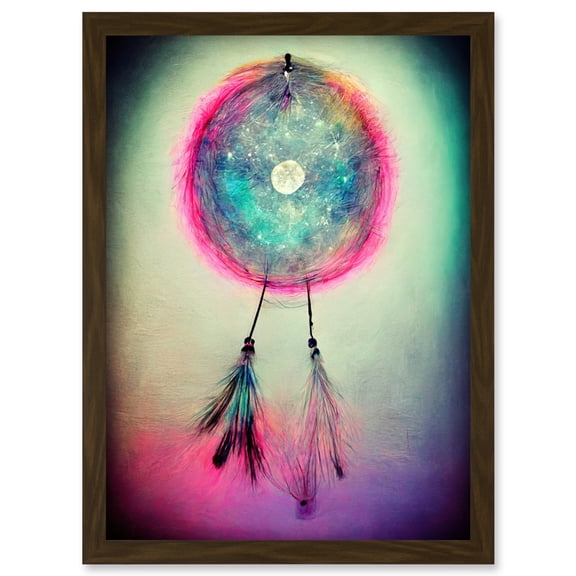 Cosmic Dreamcatcher With Feathers In Light Pastel Colours Artwork Framed Wall Art Print A4