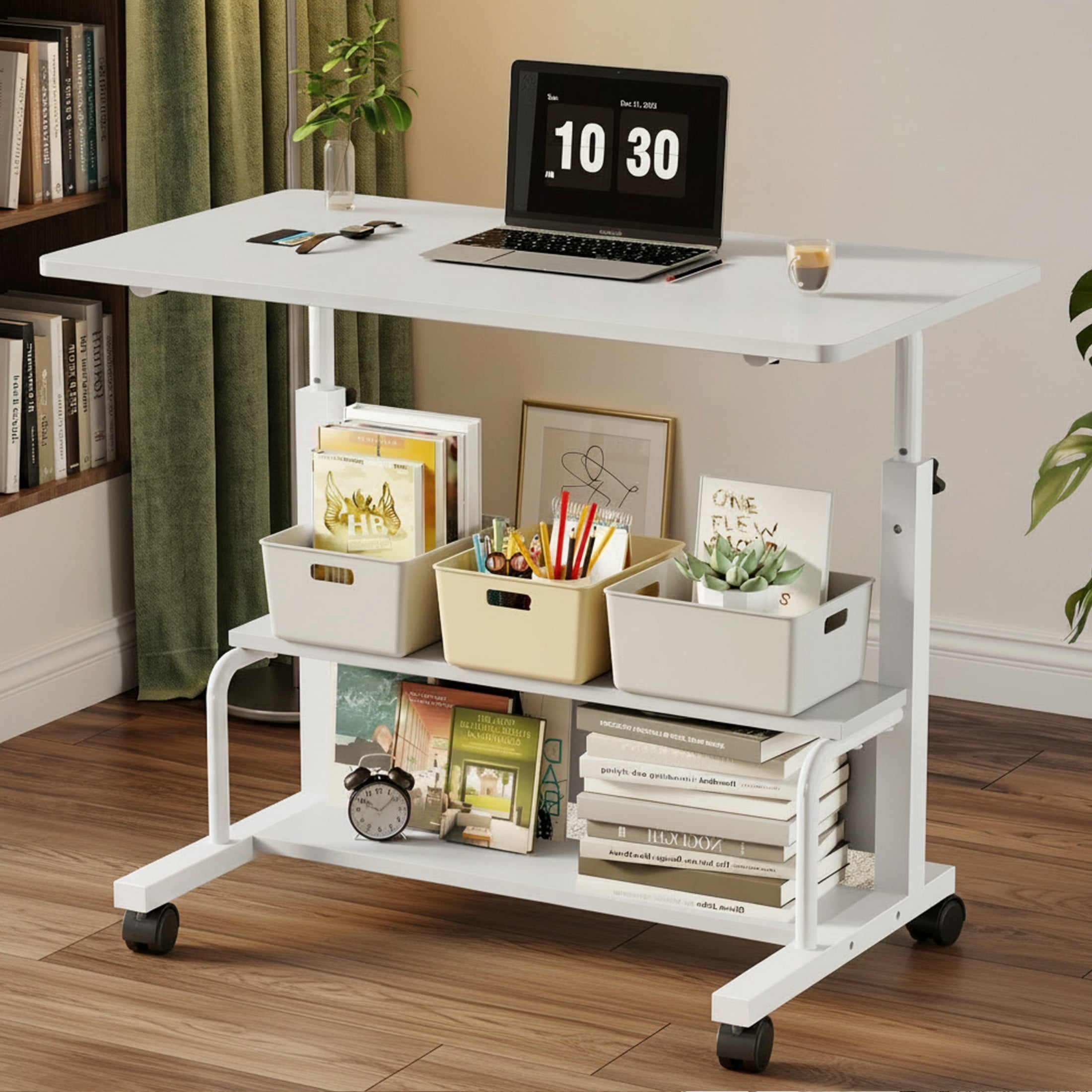 CONCETTA 31.5'' Adjustable Height Rolling Computer Desk with Storage Shelves, Portable Mobile Desk for Small Spaces Home Office, White
