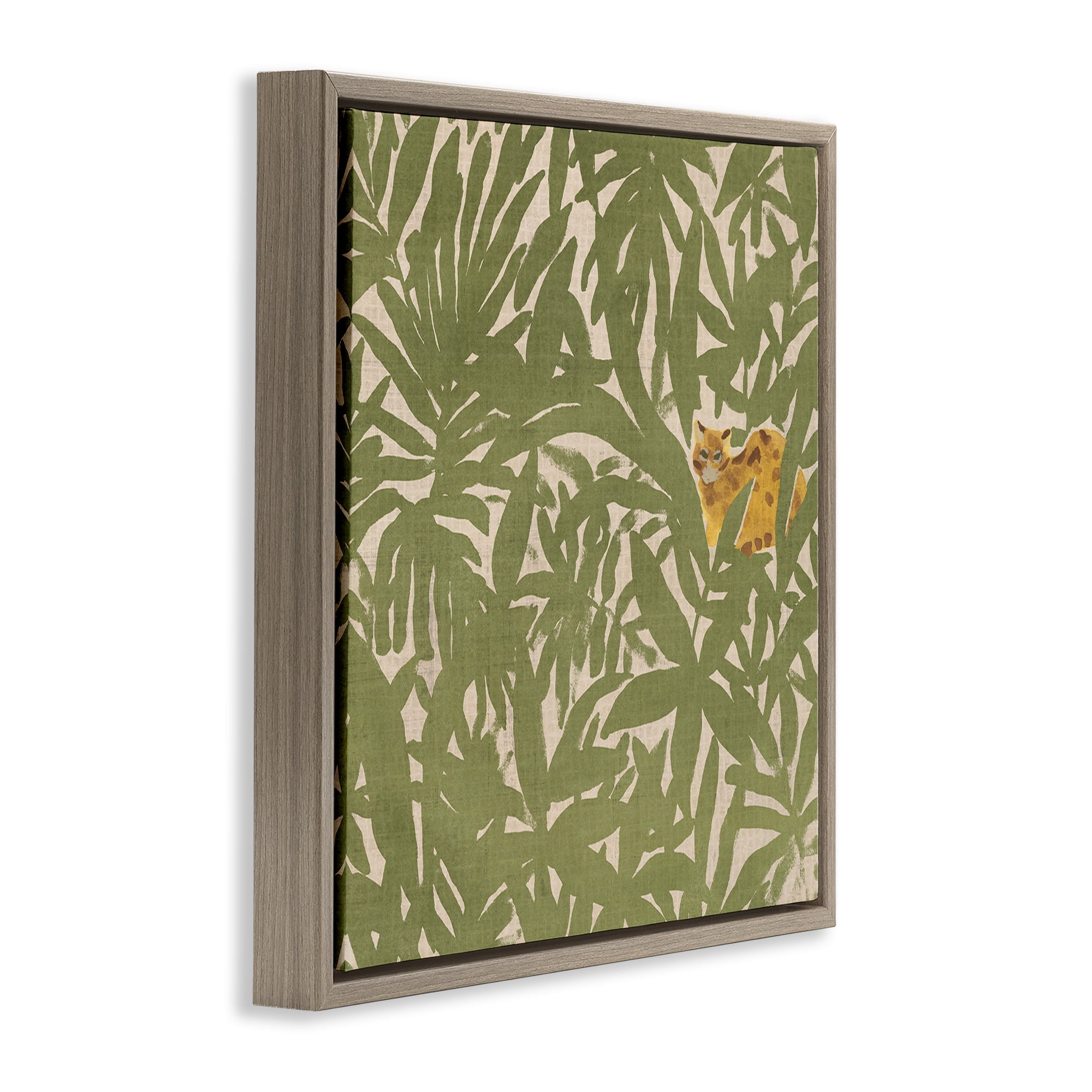 Stupell Industries Hiding Cheetah Palm Plants Botanical & Floral Painting Brown Floater Framed Canvas Art Print Wall Art, 18 x 18