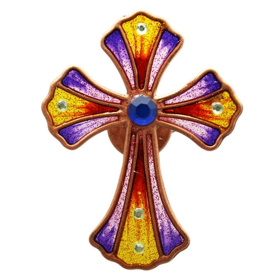 Translucent Violet and Amber Stained Glass Cross Magnet With Center Blue Rhinestone