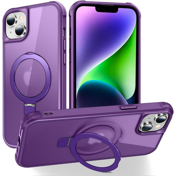 for iPhone 13 Case & iPhone 14 Case with Magnetic O-Ring Stand Translucent Case for iPhone 13 & 14 6.1" [Compatible with MagSafe], Purple