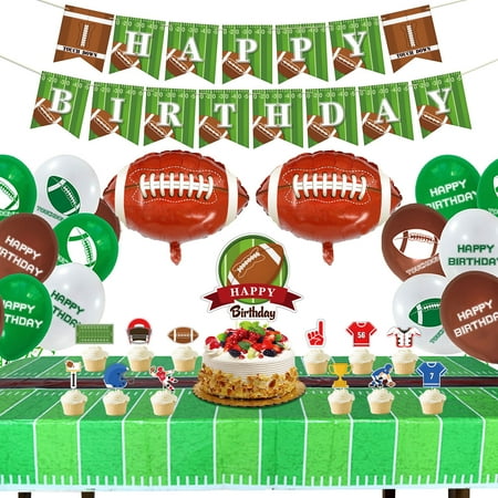Football Theme Party Supplies - Including HAPPY BIRTHDAY Banner, Football Foil Balloons, Cake Topper, Tablecloth, Balloons for Game Day, and Football Birthday party Decorations