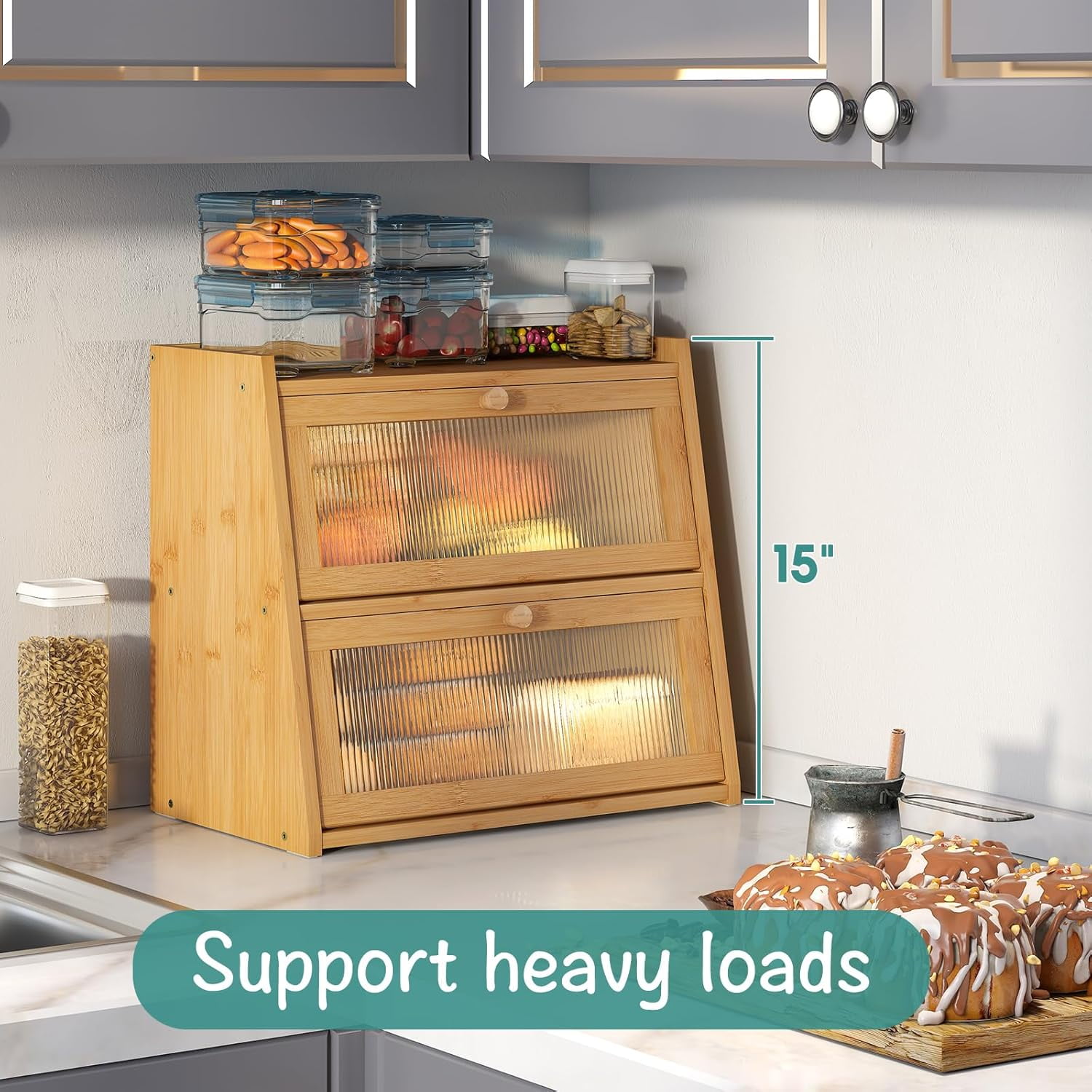 Bread Box for Kitchen Counter, Double Layer Large Bamboo Wood Bread Box, Bamboo Bread Storage Container with Wavy Acrylic Transparent Door