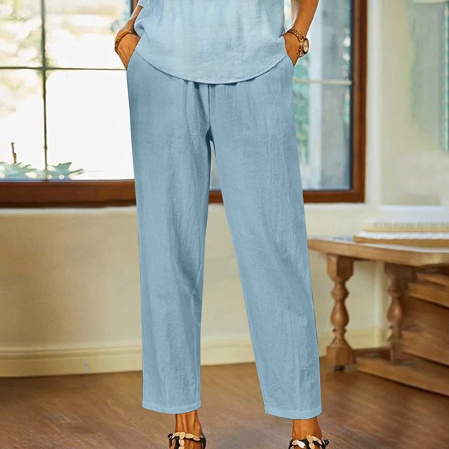 LSLJS Women's Spring and Solid Color Elastic Waist Cotton Linen Versatile Straight Tube Casual Wide Leg Pants Womens Work Pants