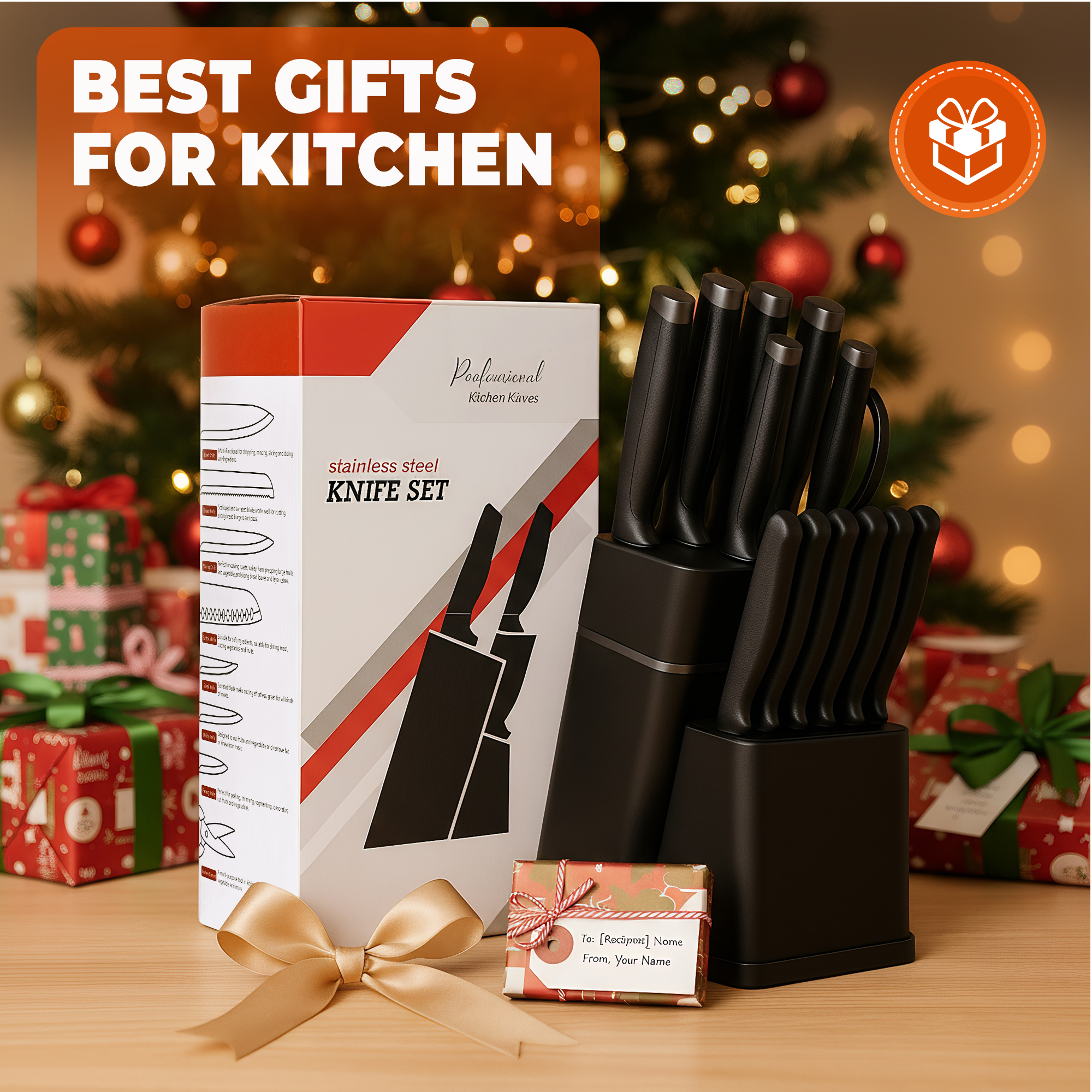 HDJ Kitchen Knife Set, 14Pcs Knife Set with Block and Built-in Sharpener, Healthy Anti-Rust Coating, Black