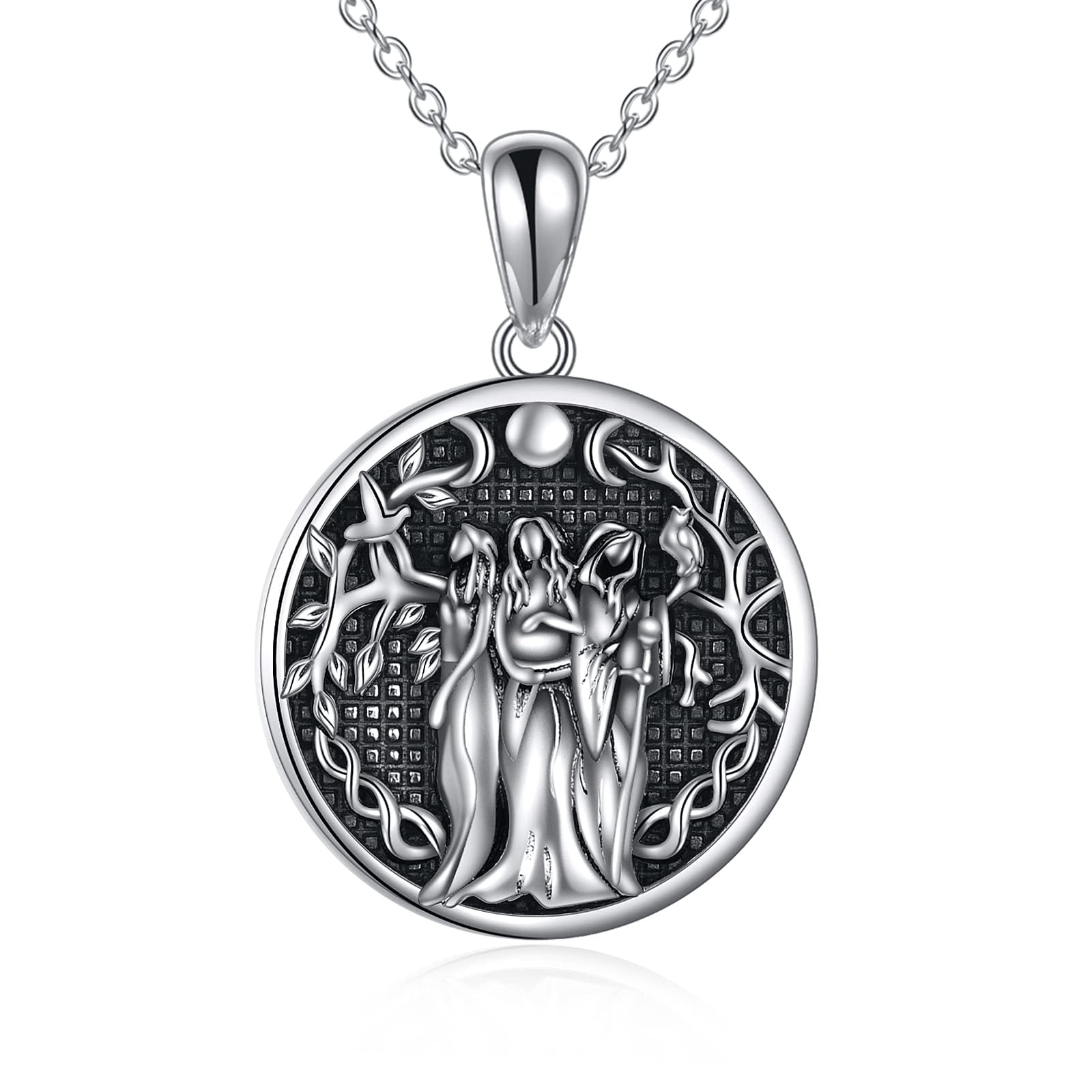Triple Moon Goddess Necklace Sterling Silver Pagan Wiccan Magic Amulet Tree of Life Jewelry for Women Men (Triple Goddess Retro)