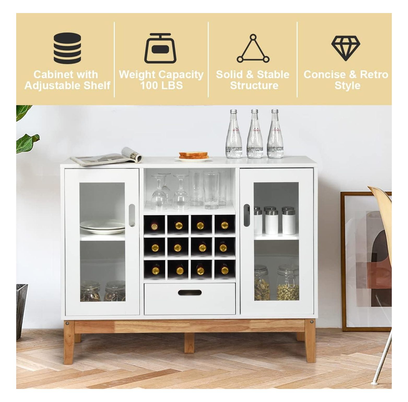 White Sideboard Buffet Storage Cabinet with Removable Wine Rack, Glass Doors, Open Shelf & Drawer, Wood Accent Console Table for Living Room, Entryway