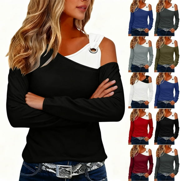 RKSTN Off the Shoulder Tops for Women Oversized Cold Shoulder Metal Buckle Single Strap Long Sleeve T Shirt Womens Casual Colorblock Plus Size Loose Fits Comfy Elegant Basic Tee Fall Spring Clothes