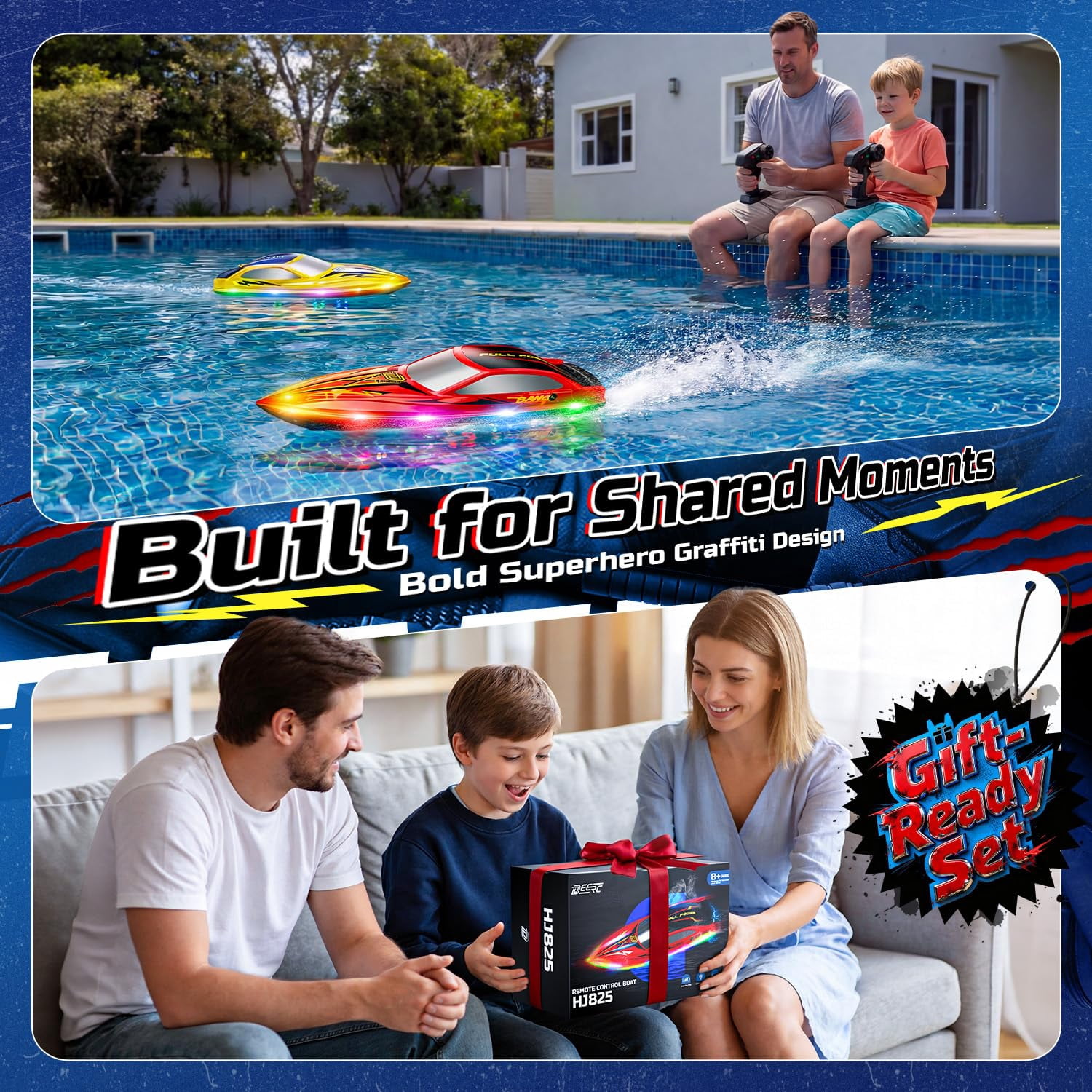 DEERC 2 Pack 13 inch Remote Control Boat for Kids, 4 Batteries, 2.4Ghz RC Racing Boat with LED Lights for Pools and Lakes, Summer Water Toy Gift for Boys 8-12