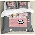 thumbnail image 1 of Sweet Dreams King Size Duvet Cover Set, Girl Sleeping with a Bunny and a Cat Cartoon Style Night Time Themed Image, Decorative 3 Piece Bedding Set with 2 Pillow Shams, Multicolor, by Ambesonne, 1 of 3