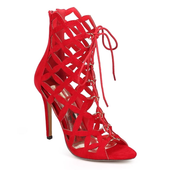 New Women Liliana Zia-4 Suede Gilly Tie Peep Toe Hollow Out Gladiator Bootie Sz
