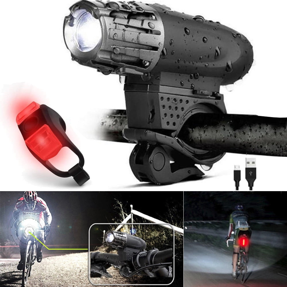 2 Pieces USB Rechargeable Bike Light Front Headlight and Rear Bicycle Light Front Lights Back Taillight Bike Storage Bag Waterproof Triangle Saddle Frame Pouch 4 Light Mode for Cycling 