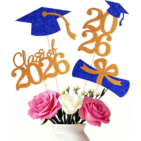 Double-sided 16 PCS Graduation Cake Toppers โ Orange Blue Class of 2026 Centerpieces Picks for Graduation Theme Party Decorations Supply, Graduation Party Decorations