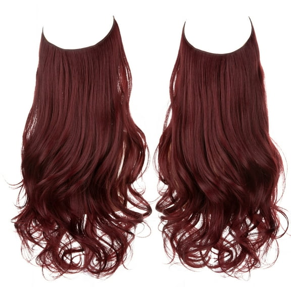 Namzi Long Wavy Wig piece with Invisible Transparent Adjustable Size Fish Line Curly Hair Piece Hidden Secret Hairpiece for Women No Clip 18 Inch,Wine Red