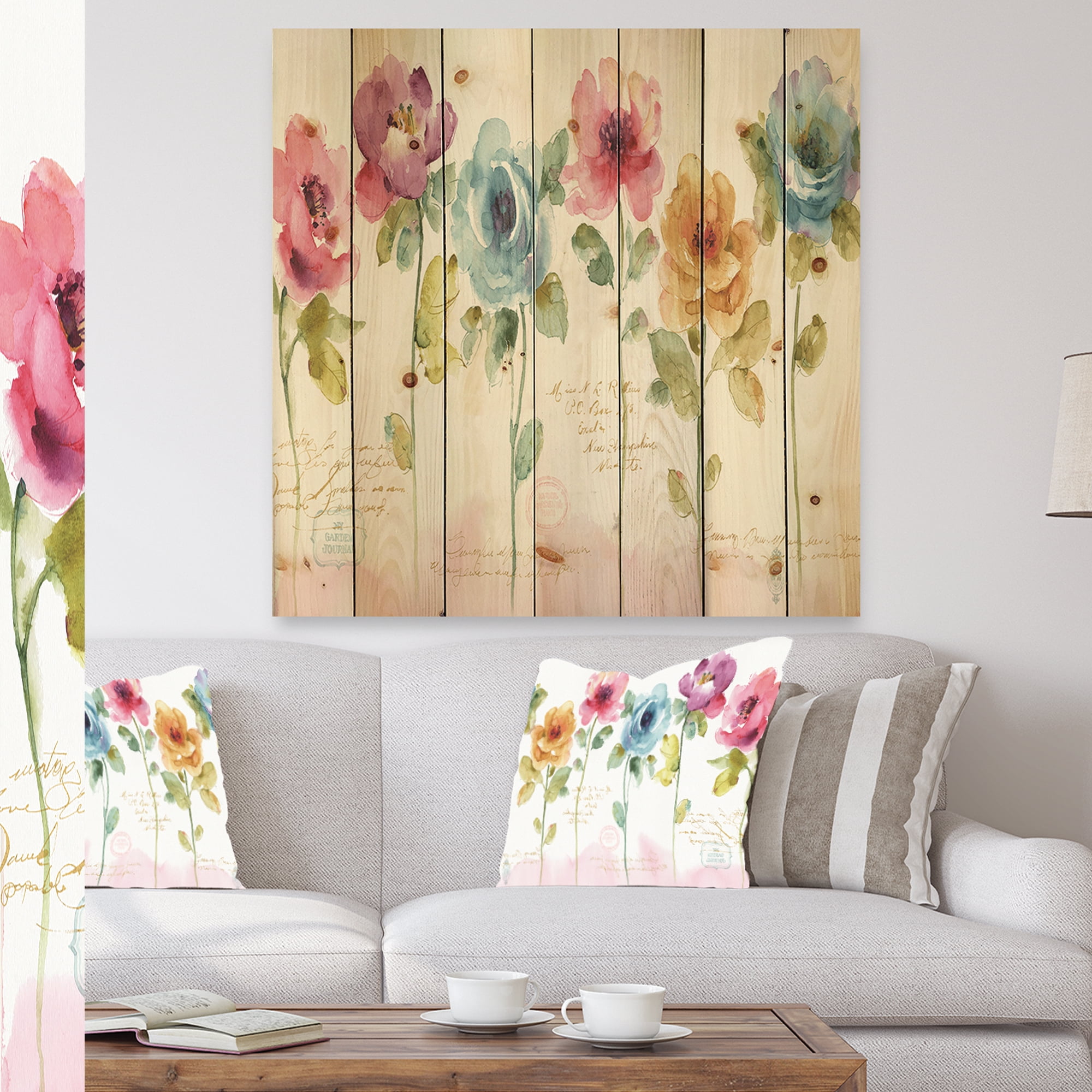 Designart 'Rainbow Coloured Abstract Cottage Roses' Cabin & Lodge Print on Natural Pine Wood