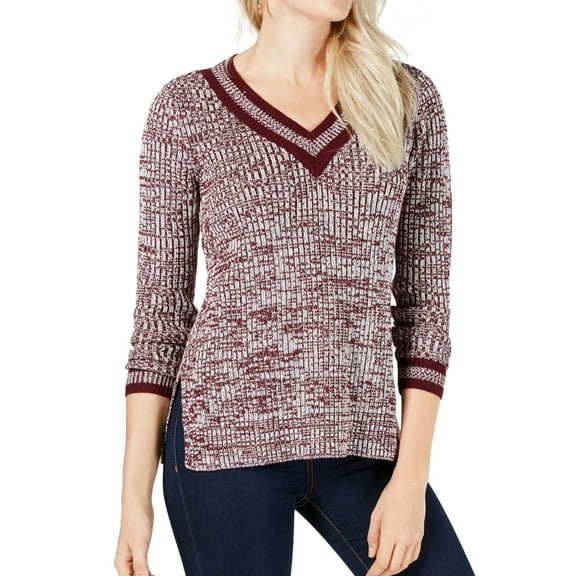 maison Jules Womens Striped Trim Pullover Sweater, Red, Large