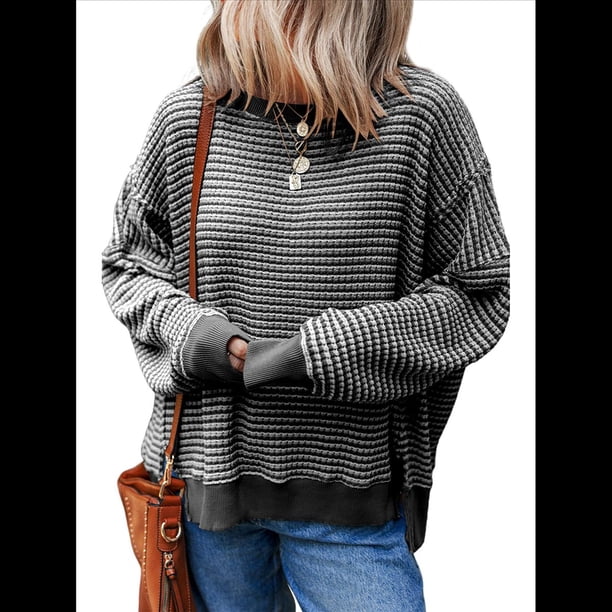Sudadera Holgada de Otoño para Mujer, Informal, de Punto A Rayas, Larga, Cuello Redondo, Abertura, Tipo Túnica Negro L