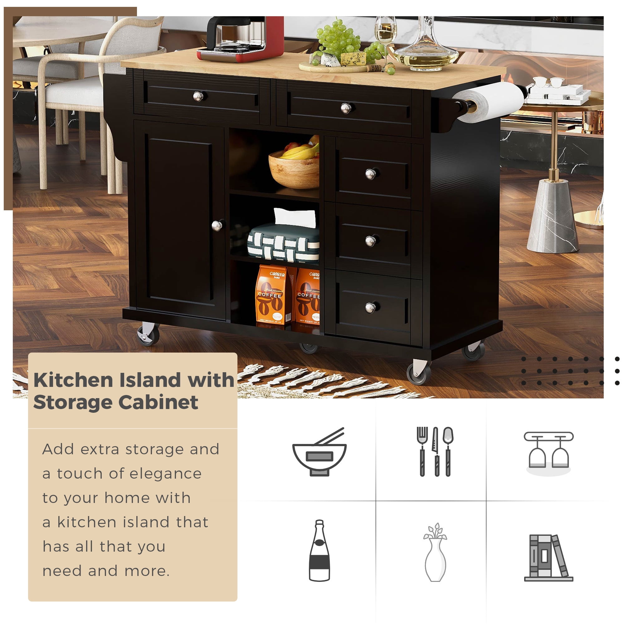DEALTOPS 53 Inch Kitchen island with Rubber wood desktop rolling mobile kitchen cart with storage and 5 drawers-Black