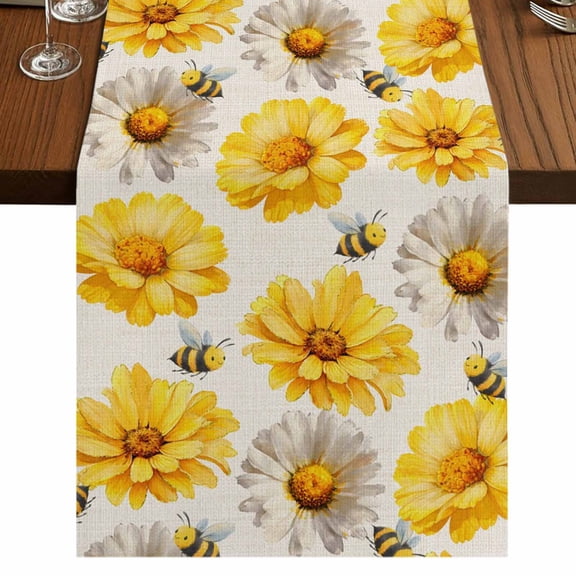 Table Runners 60 Inches Long Dress Scarves, Golden Gray Chrysanthemum Farmhouse Kitchen/Dining Table Runner, Small Coffee Tablerunners, Farmhouse Bees Floral Rustic 13x60 Inch