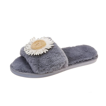 

qipaqil Ladies Fashion Floral Decorative Fluffy Open Toe Comfortable Flat Cotton Slippers Wine Slippers for Women